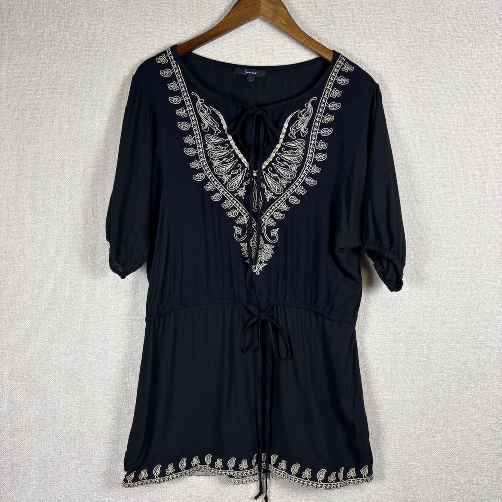 Jewel Black Embroidered Boho Tunic Top Short Sleeve Drawstring Waist Size Large